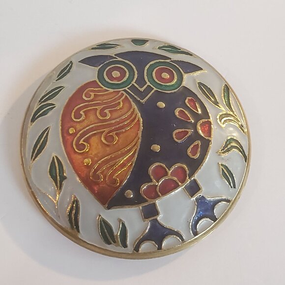 Vintage Enamel Trinket Box Round Brass w/ Lid Painted Owl Design Made in Taiwan - Picture 5 of 9